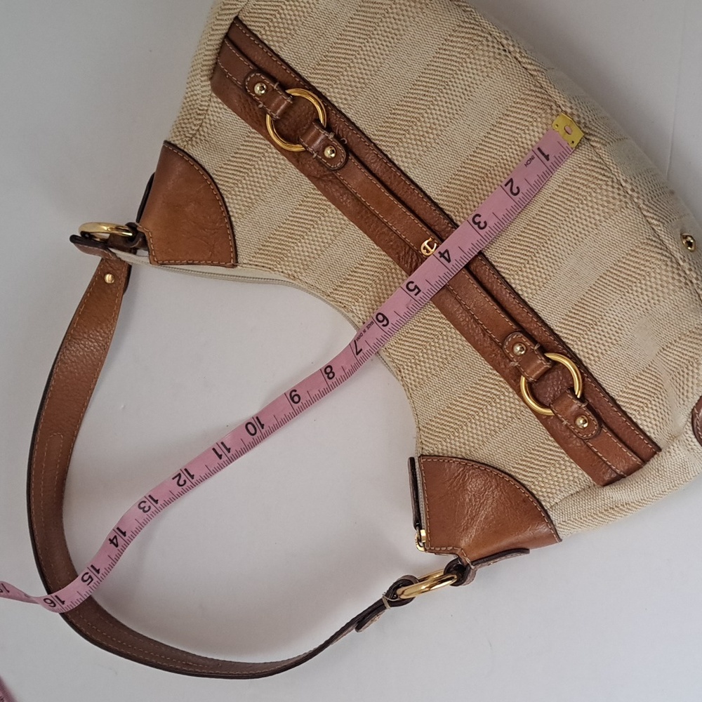 Etienne Aigner Leather And Woven Fabric Shoulder Bag Gold Metal Ring Accents - Picture 13 of 16